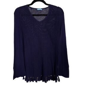 J Mclaughlin Small S Navy Blue Fringe Tassel Open Knit Sweater Long Sleeve VNeck